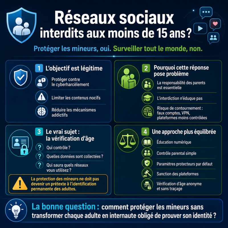 Illustration de l'article Interdire les réseaux sociaux aux moins de 15 ans : protéger, oui. Surveiller tout le monde, non.